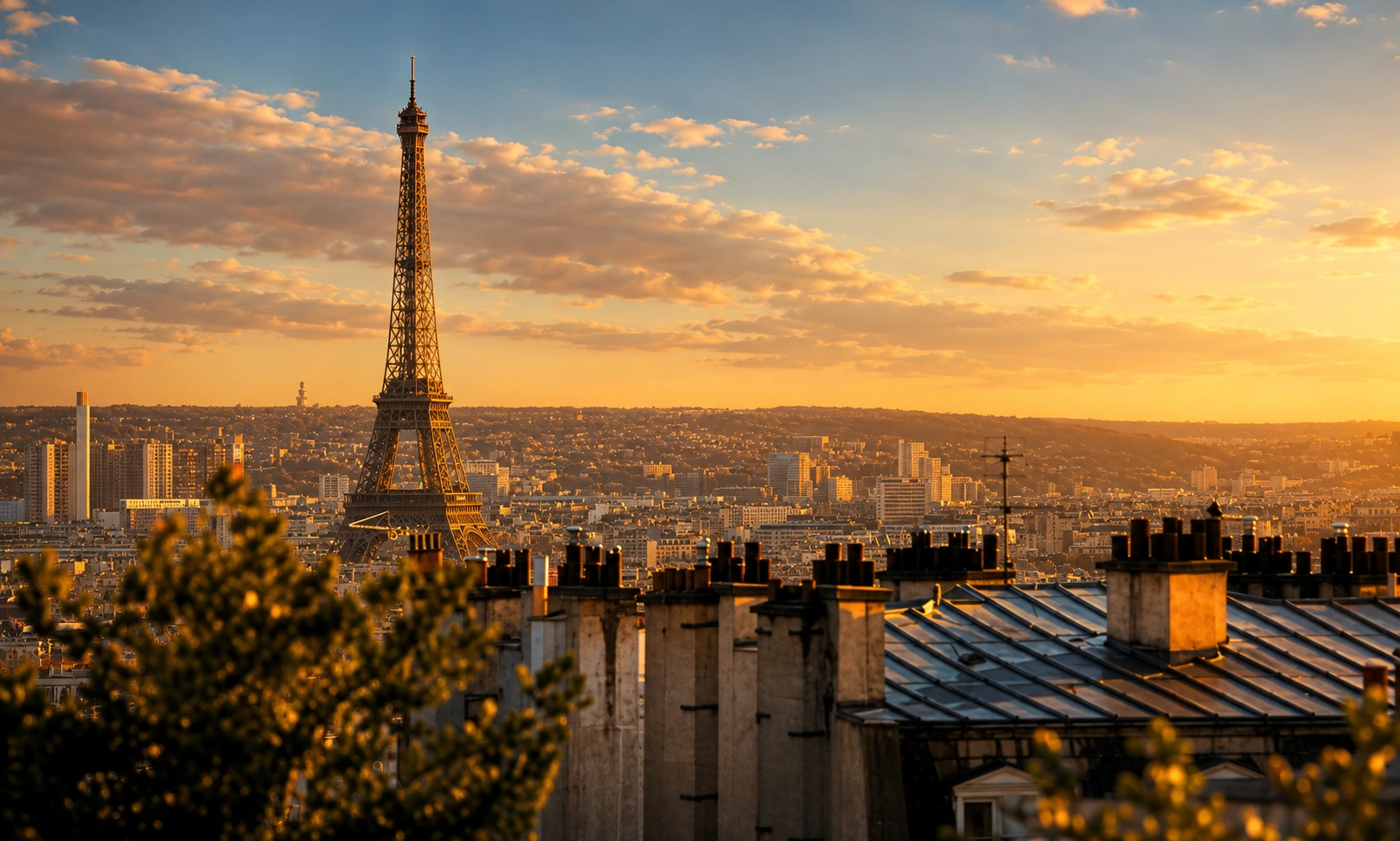 Paris and the Eiffel Tower at golden hour